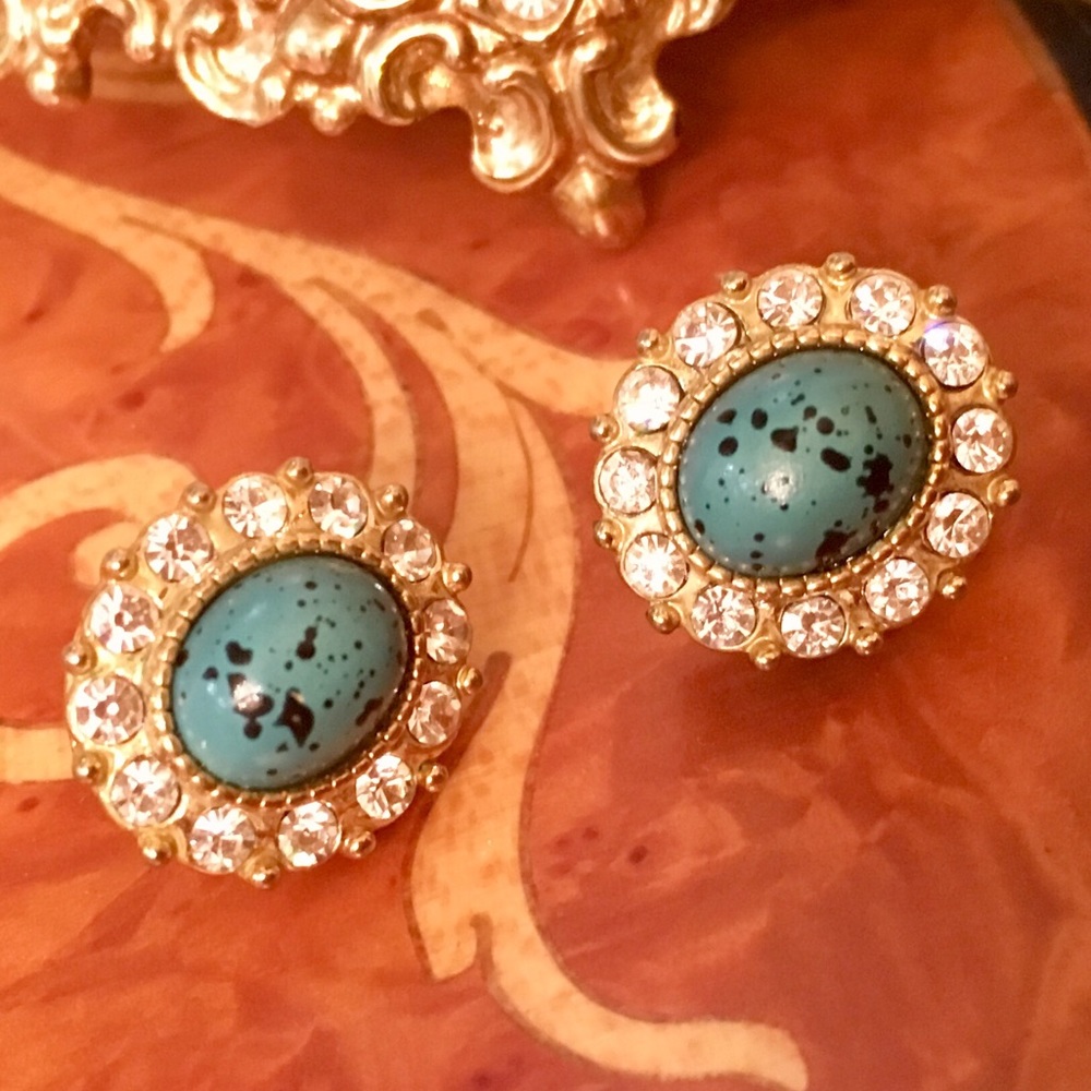 Gold Tone Pave Stud Stone Earrings.